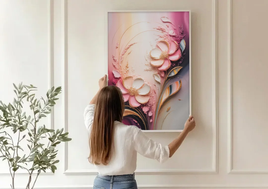 Elegant Fuchsia Blossoms Pink Abstract canvas wall art being hung on a paneled wall