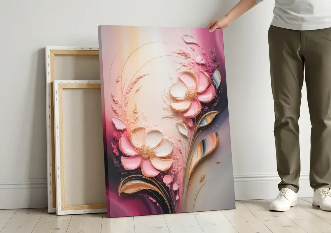 Elegant Fuchsia Blossoms Pink Abstract canvas wall art leaning against a wall next to blank canvases