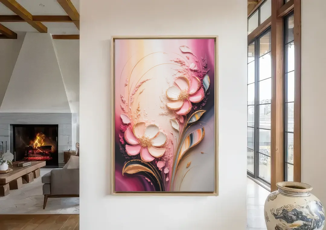 Elegant Fuchsia Blossoms Pink Abstract canvas wall art in a living room with a fireplace