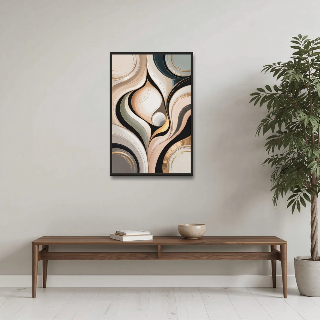 Elegant Geometric Beige Abstract - Black Framed Canvas Wall Art - Coffee Table - 24x36