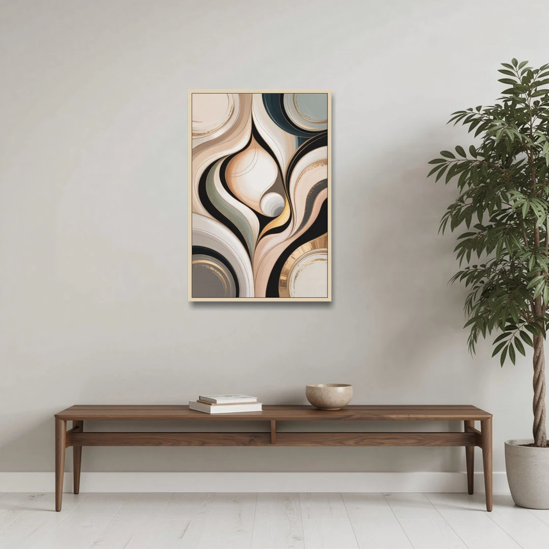 Elegant Geometric Beige Abstract - Oak Framed Canvas Wall Art - Coffee Table - 24x36