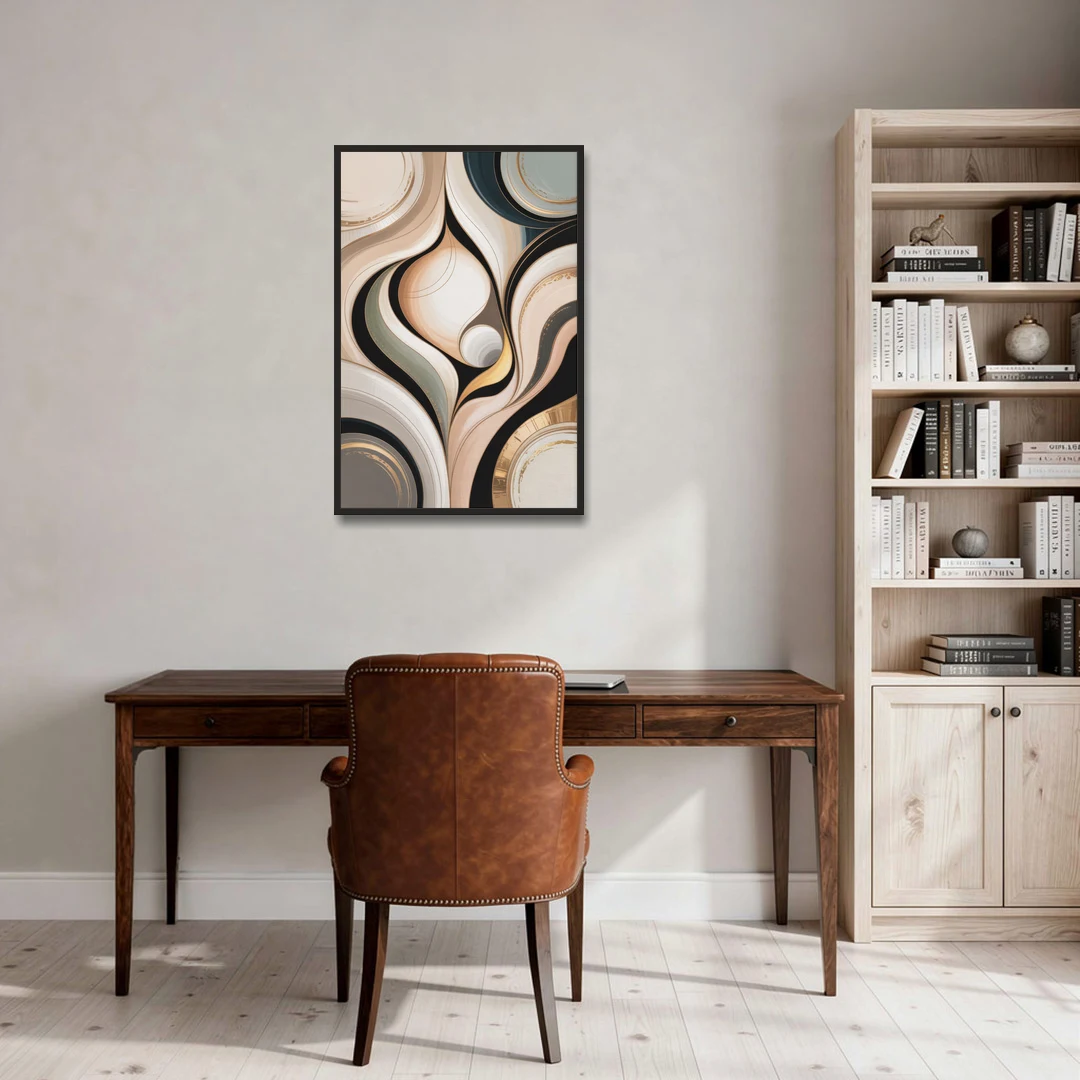 Elegant Geometric Beige Abstract - Black Framed Canvas Wall Art - Office - 24x36