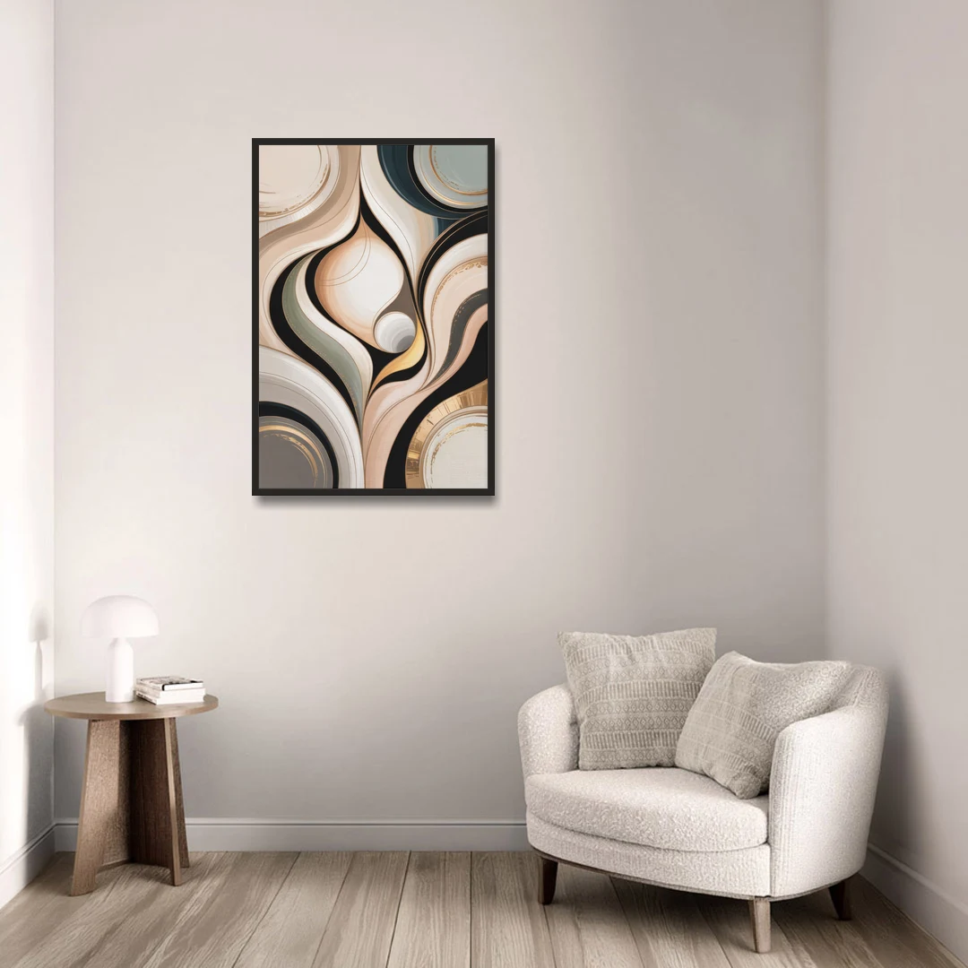Elegant Geometric Beige Abstract - Black Framed Canvas Wall Art - Sofa - 24x36