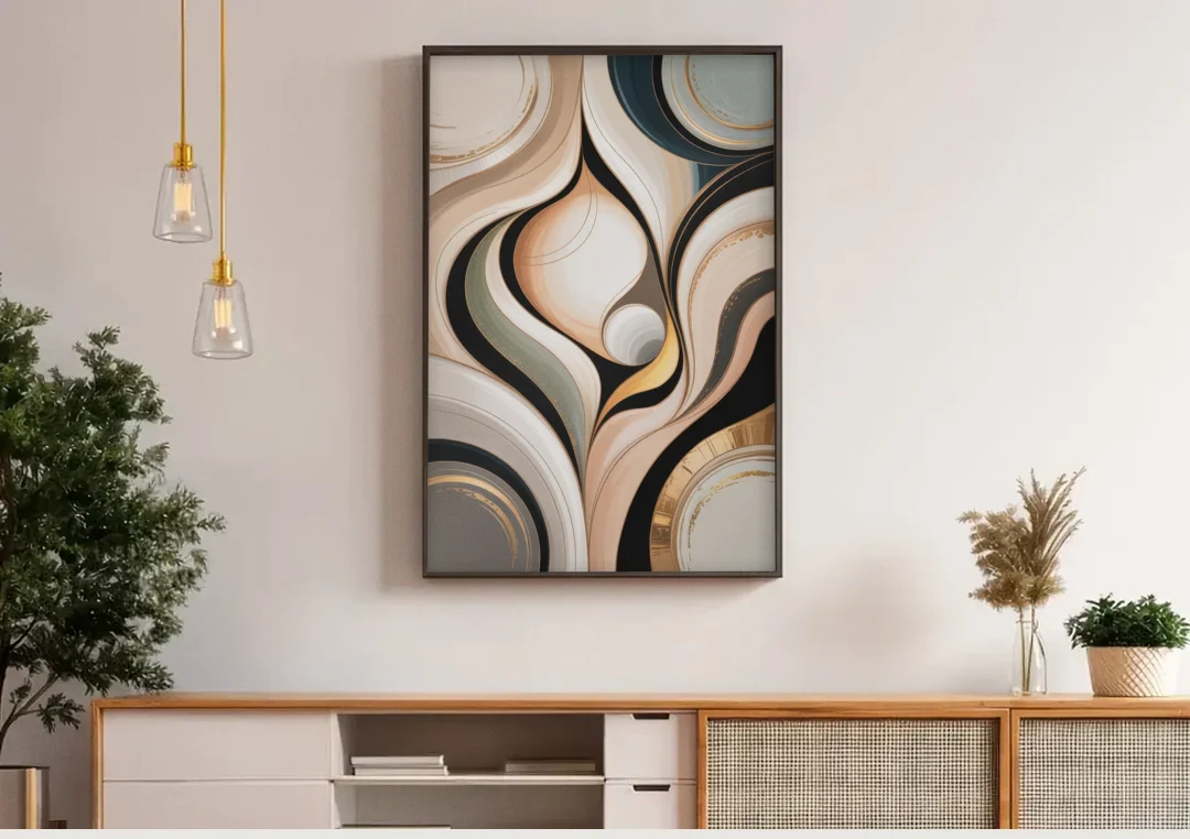 Elegant Geometric Beige Abstract canvas wall art above a wooden sideboard under pendant lights