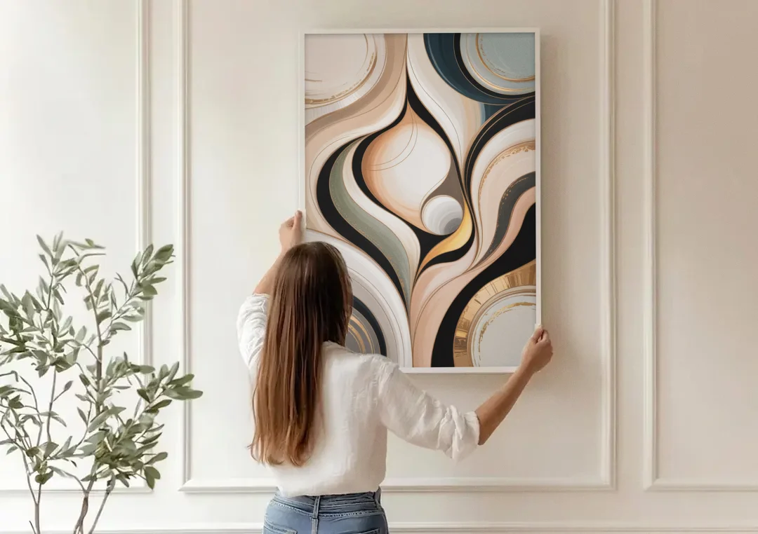 Elegant Geometric Beige Abstract canvas wall art being hung on a paneled wall