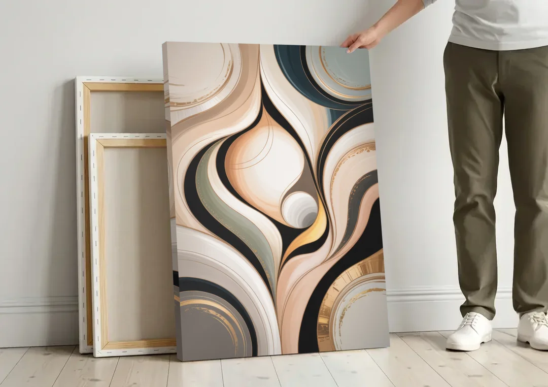 Elegant Geometric Beige Abstract canvas wall art leaning against a wall next to blank canvases
