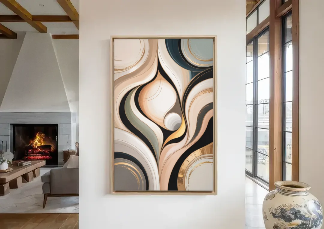 Elegant Geometric Beige Abstract canvas wall art in a living room with a fireplace