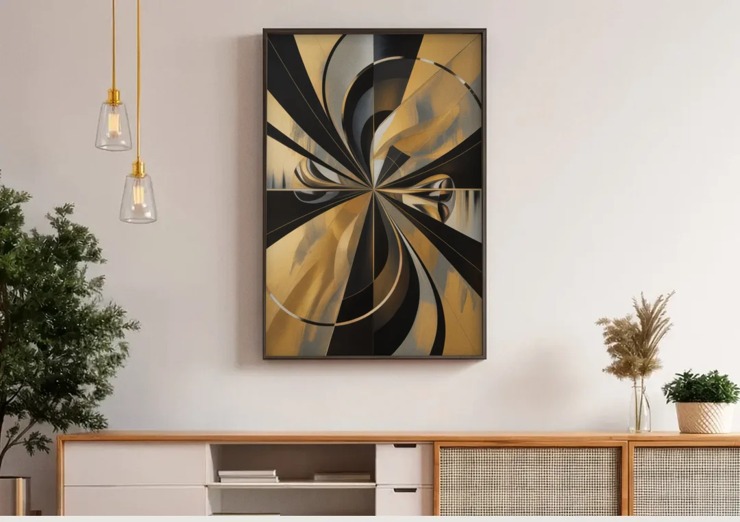 Elegant Geometric Black and Gold Abstract canvas wall art above a wooden sideboard under pendant lights