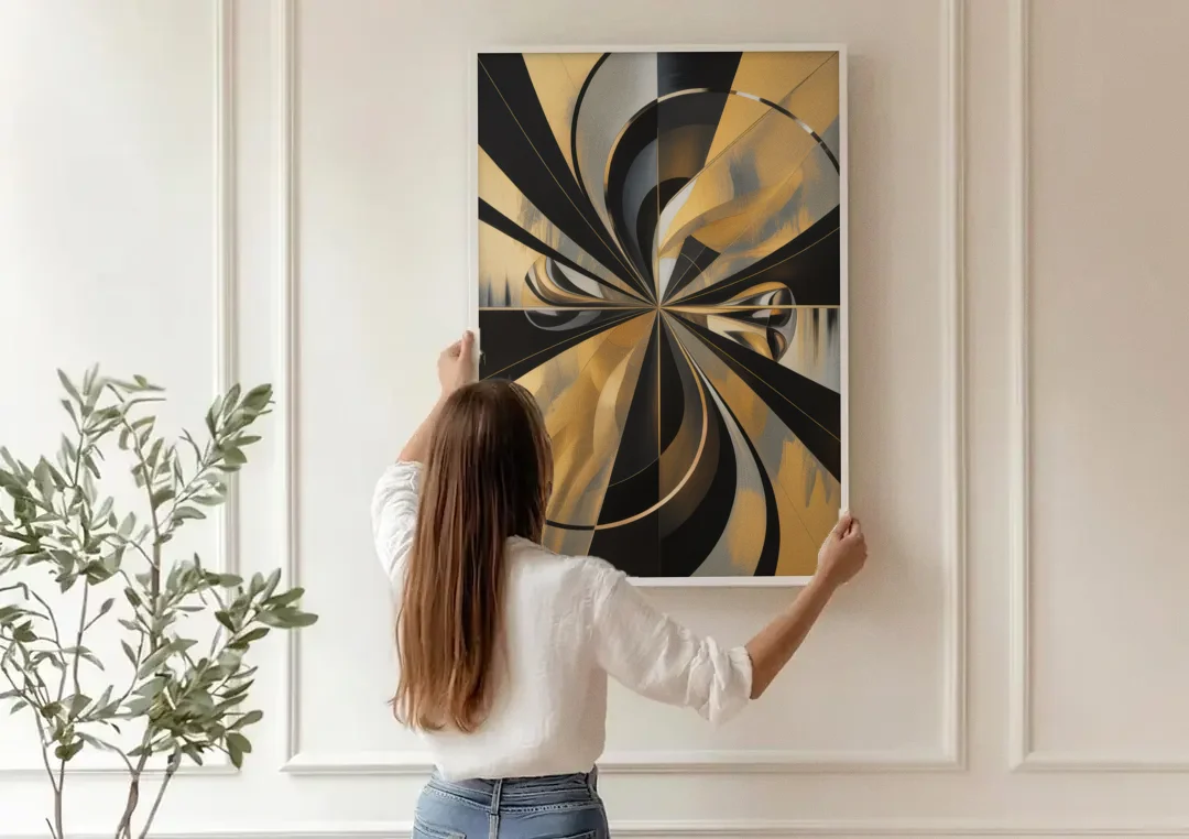 Elegant Geometric Black and Gold Abstract canvas wall art being hung on a paneled wall