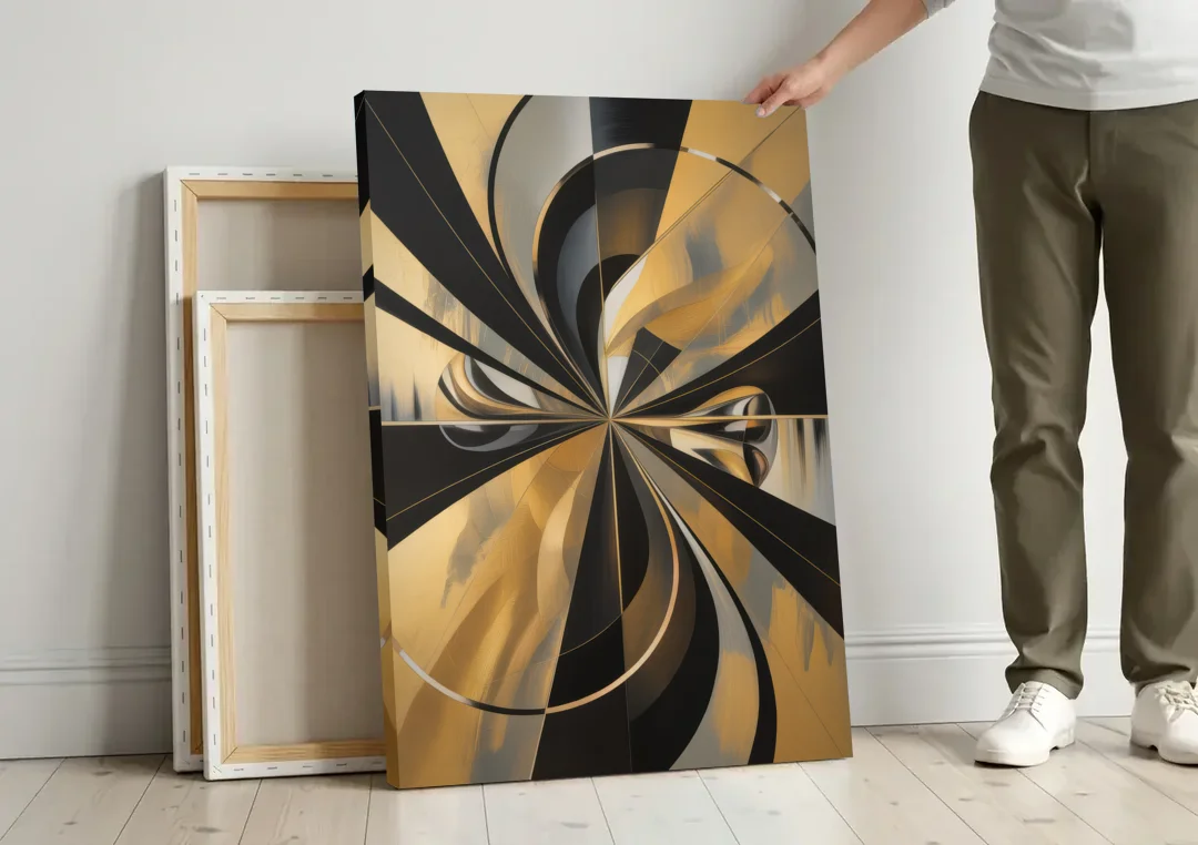 Elegant Geometric Black and Gold Abstract canvas wall art leaning against a wall next to blank canvases