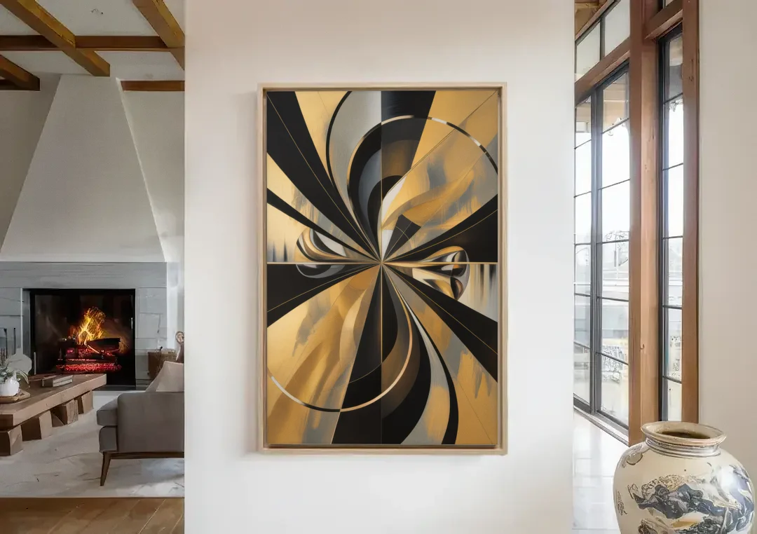 Elegant Geometric Black and Gold Abstract canvas wall art in a living room with a fireplace