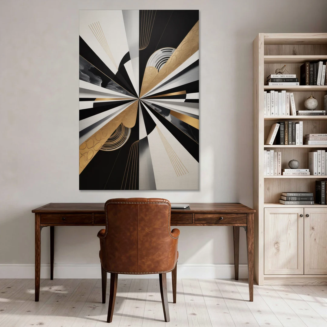 Elegant Geometric Black White and Gold Abstract - Canvas Wall Art - Office - 40x60