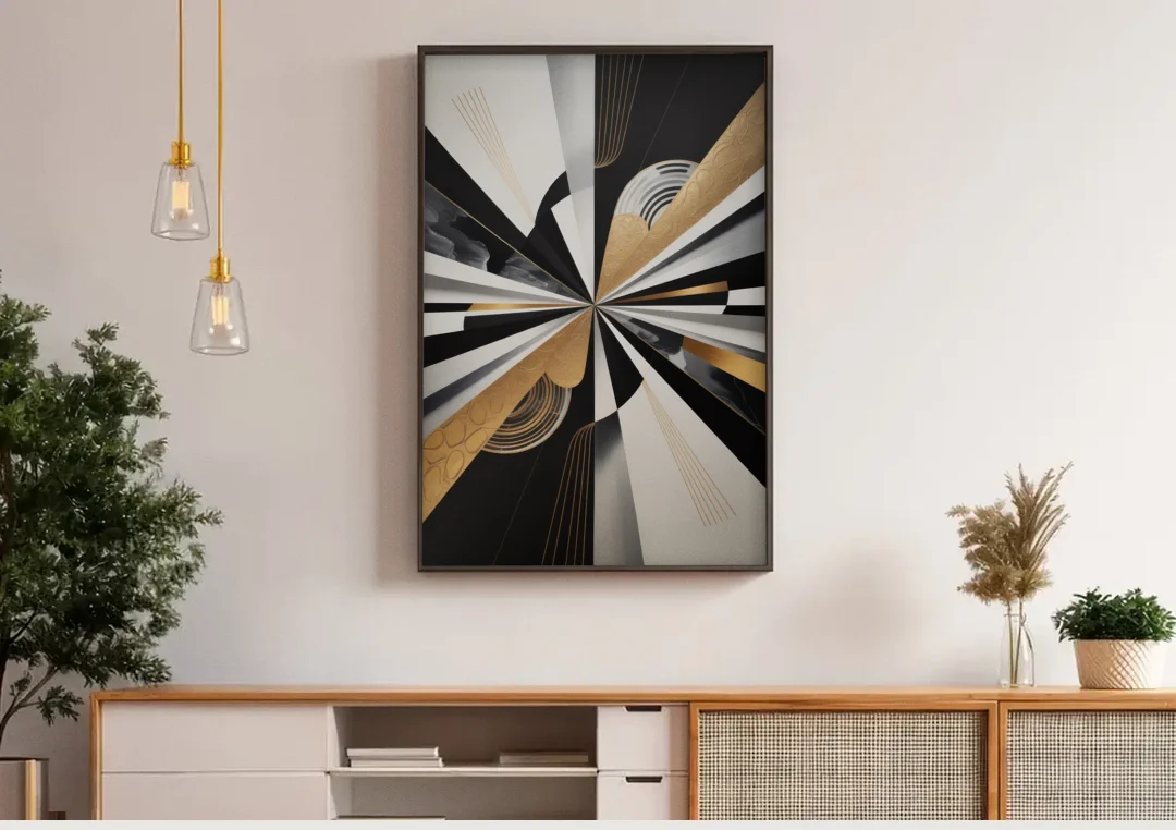 Elegant Geometric Black White and Gold Abstract canvas wall art above a wooden sideboard under pendant lights