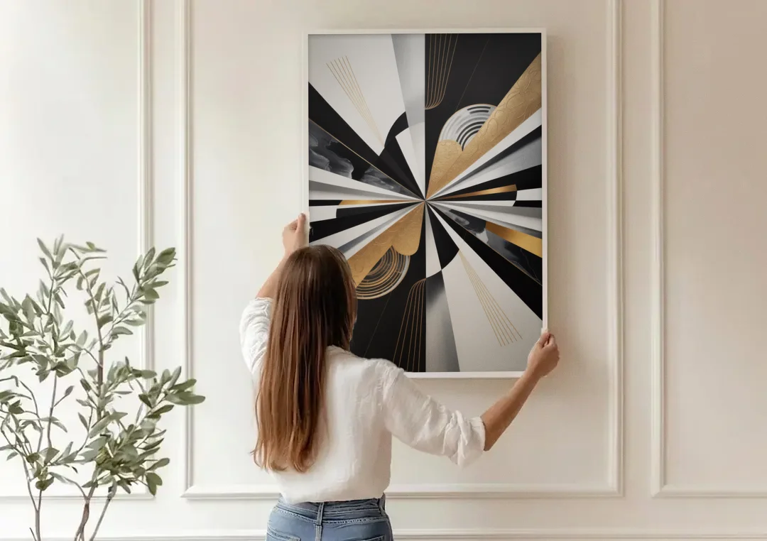 Elegant Geometric Black White and Gold Abstract canvas wall art being hung on a paneled wall