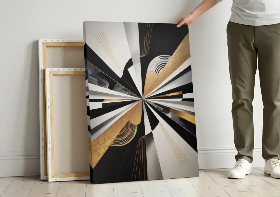 Elegant Geometric Black White and Gold Abstract canvas wall art leaning against a wall next to blank canvases