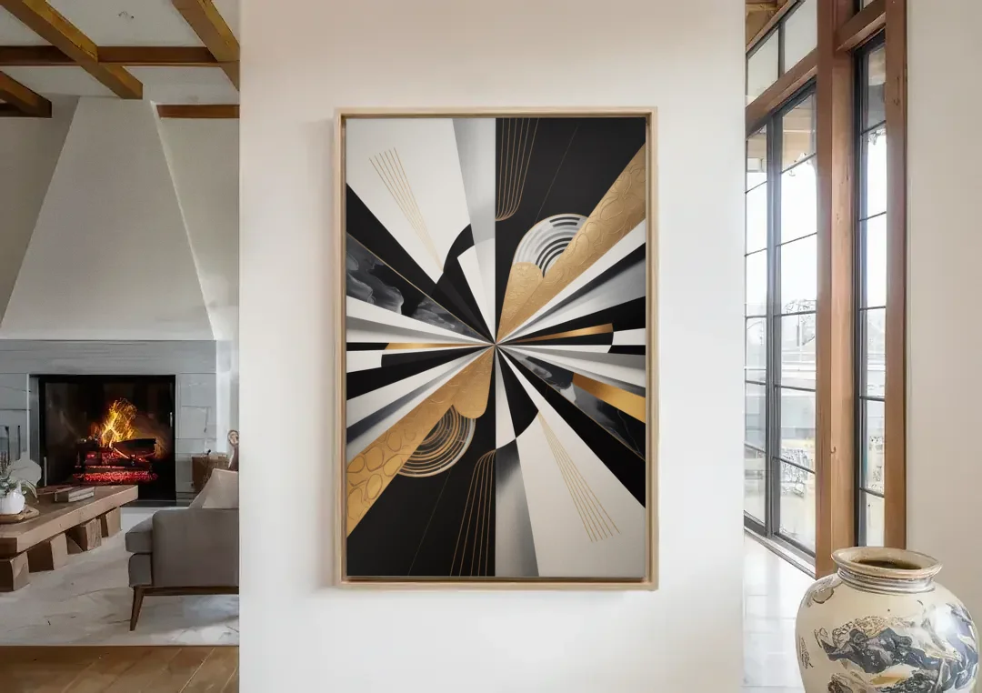 Elegant Geometric Black White and Gold Abstract canvas wall art in a living room with a fireplace