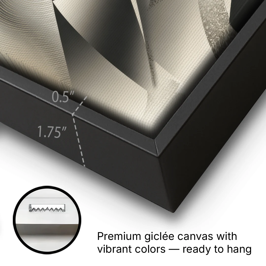 Elegant Geometric Flow Grey and Silver Abstract - Black Framed Canvas Wall Art - Gallery Wrap Corner