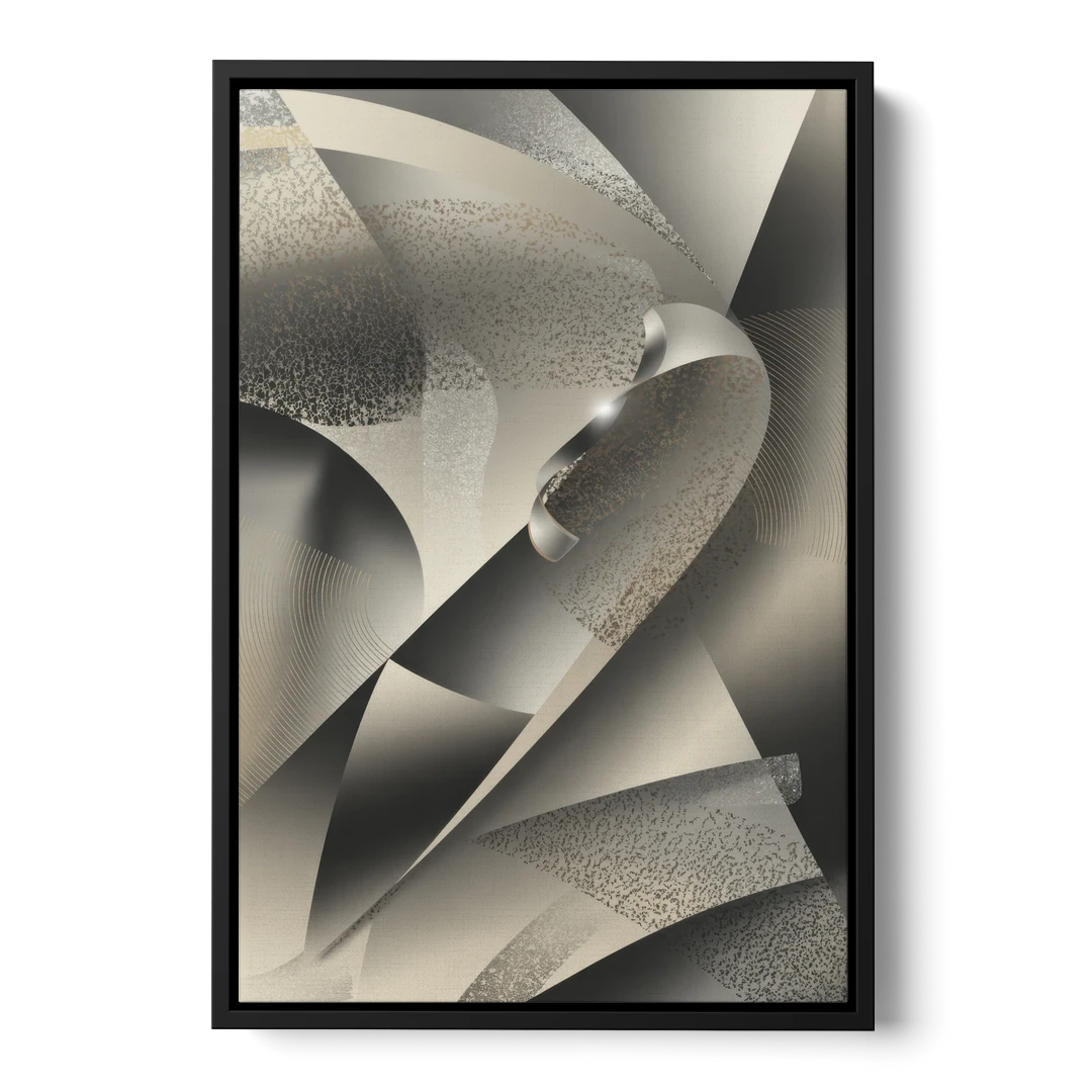 Elegant Geometric Flow Grey and Silver Abstract - Black Framed Canvas Wall Art - Front