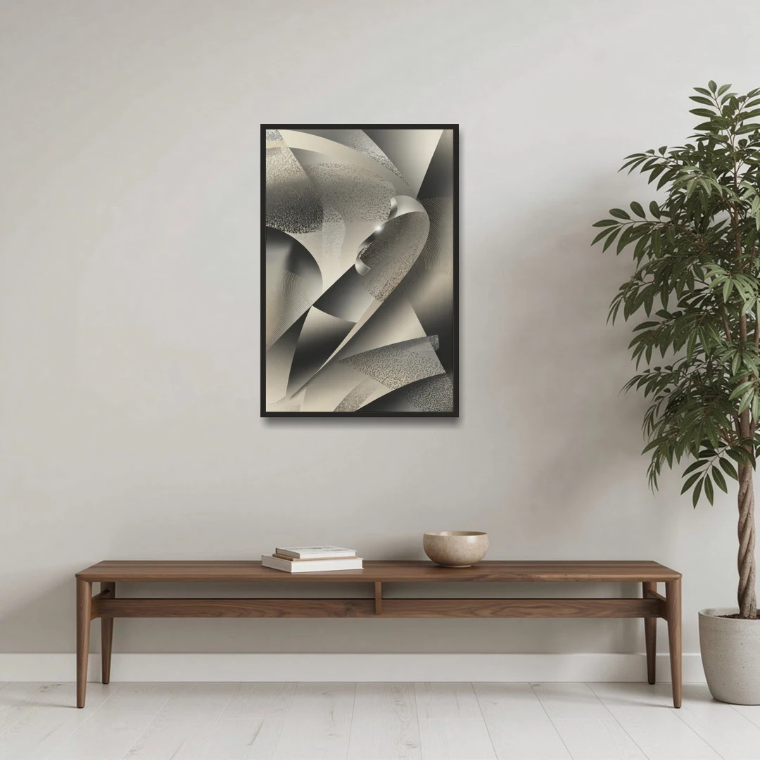 Elegant Geometric Flow Grey and Silver Abstract - Black Framed Canvas Wall Art - Coffee Table - 24x36