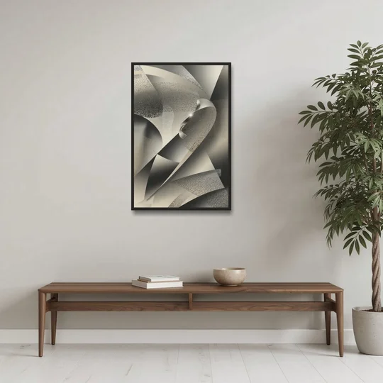 Elegant Geometric Flow Grey and Silver Abstract - Black Framed Canvas Wall Art - Coffee Table - 24x36