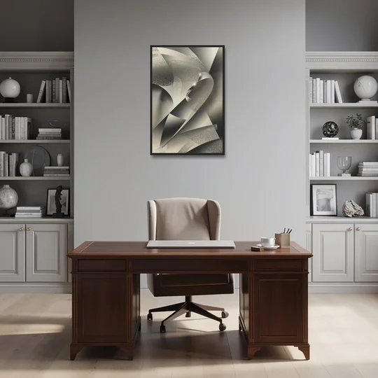 Elegant Geometric Flow Grey and Silver Abstract - Black Framed Canvas Wall Art - Office - 24x36