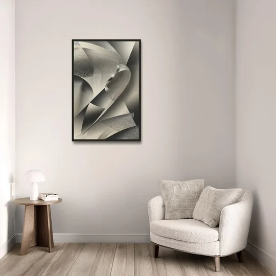 Elegant Geometric Flow Grey and Silver Abstract - Black Framed Canvas Wall Art - Sofa - 24x36