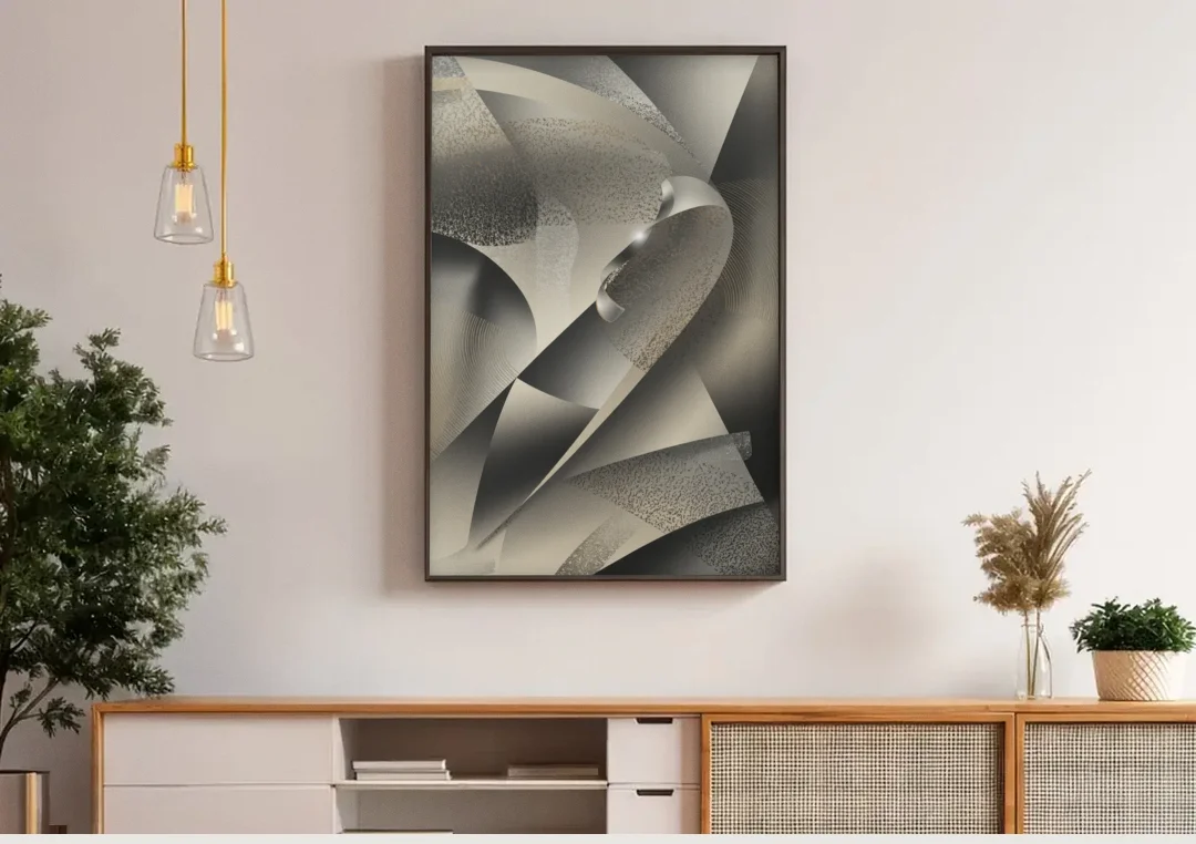 Elegant Geometric Flow Grey and Silver Abstract canvas wall art above a wooden sideboard under pendant lights