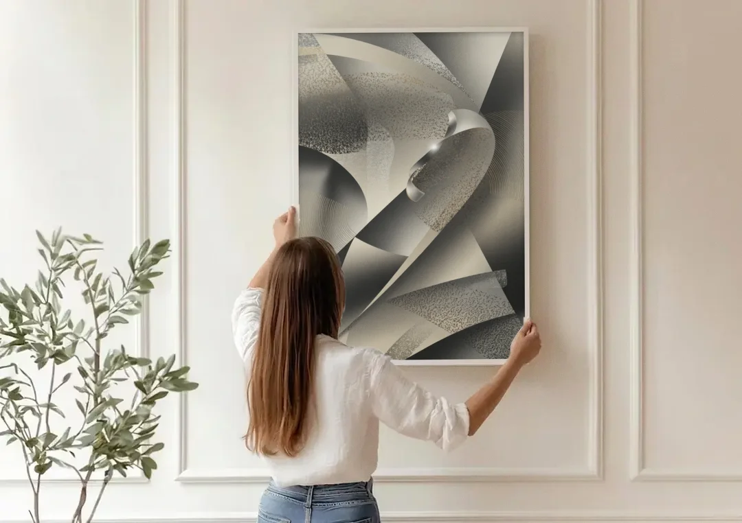 Elegant Geometric Flow Grey and Silver Abstract canvas wall art being hung on a paneled wall