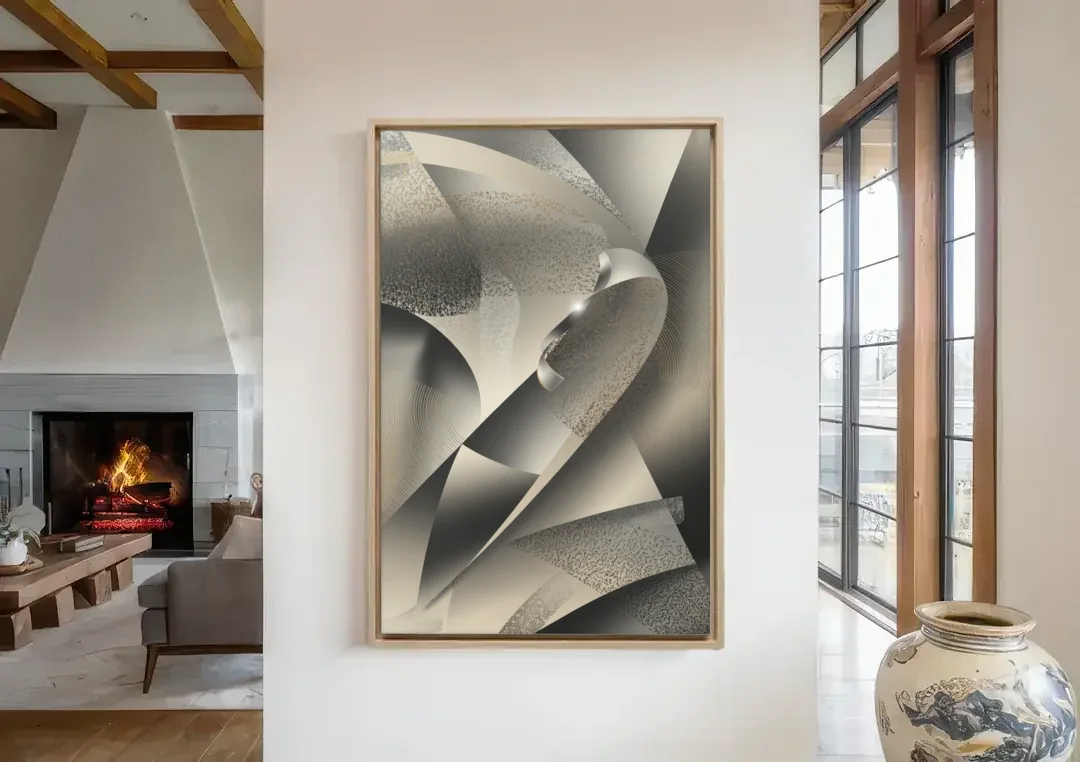 Elegant Geometric Flow Grey and Silver Abstract canvas wall art in a living room with a fireplace