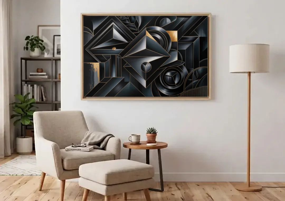 Elegant Geometric Harmony Black Abstract canvas wall art above an armchair in a bright living room
