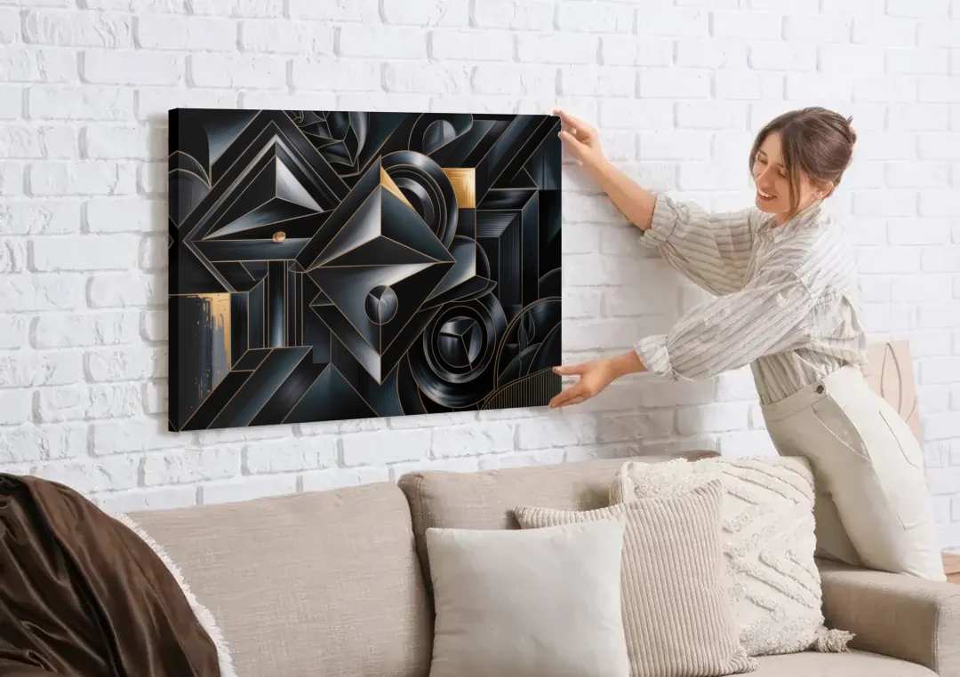 Elegant Geometric Harmony Black Abstract canvas wall art being hung on a white brick wall above a sofa