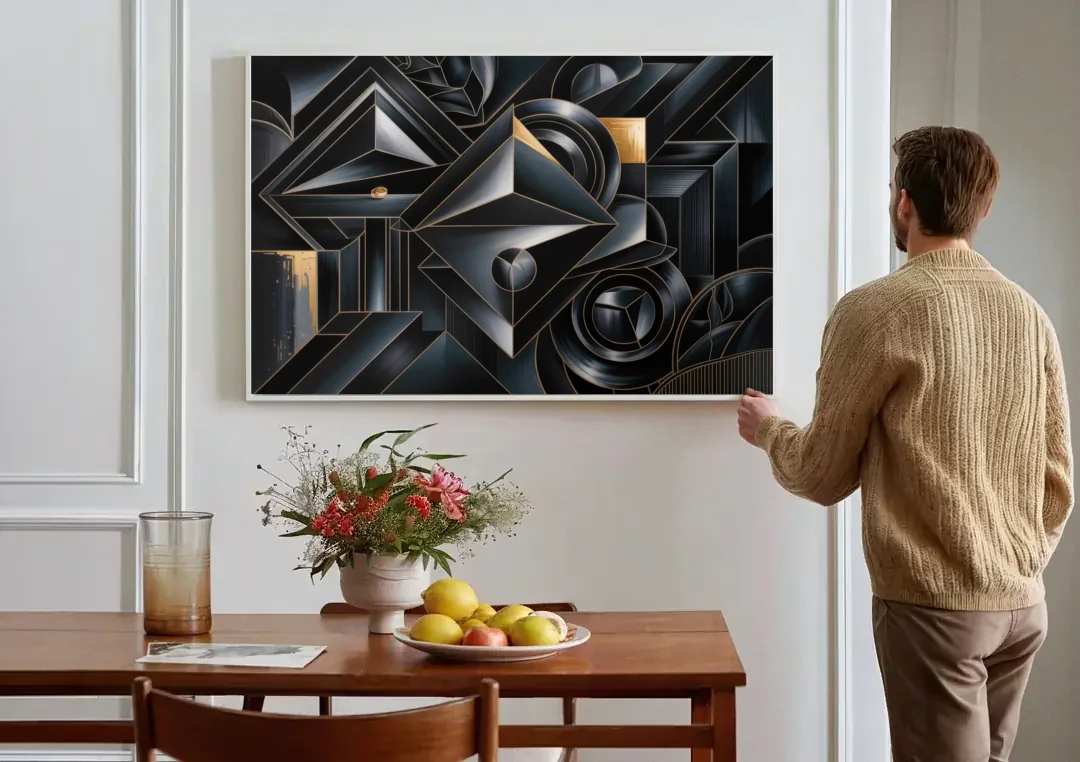 Elegant Geometric Harmony Black Abstract canvas wall art above a dining table