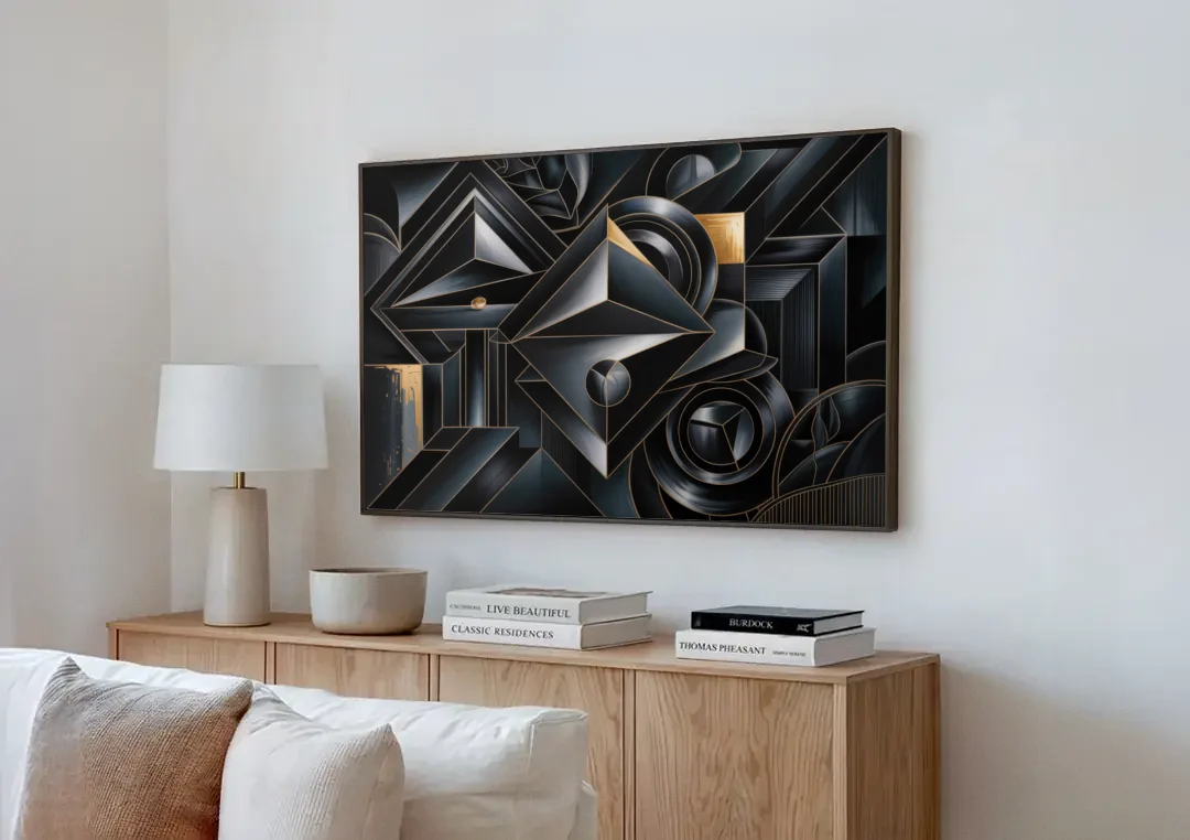 Elegant Geometric Harmony Black Abstract canvas wall art above a wooden sideboard next to a sofa