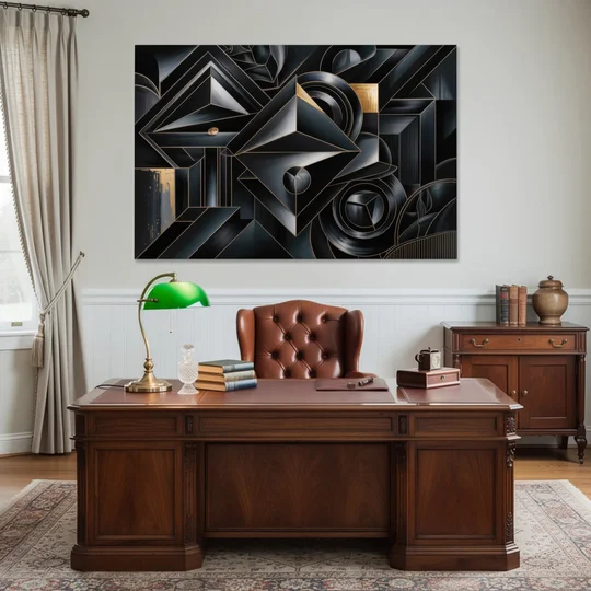 Elegant Geometric Harmony Black Abstract - Canvas Wall Art - Office - 60x40