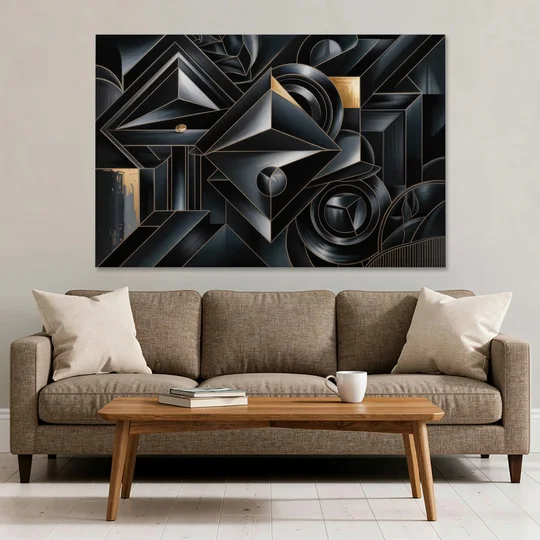 Elegant Geometric Harmony Black Abstract - Canvas Wall Art - Sofa - 60x40
