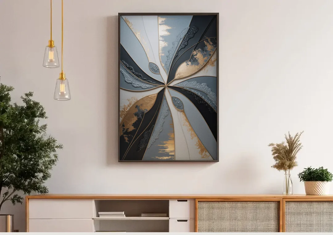 Elegant Geometric Harmony Grey Abstract canvas wall art above a wooden sideboard under pendant lights