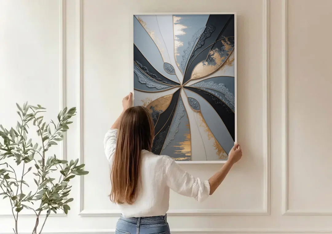 Elegant Geometric Harmony Grey Abstract canvas wall art being hung on a paneled wall
