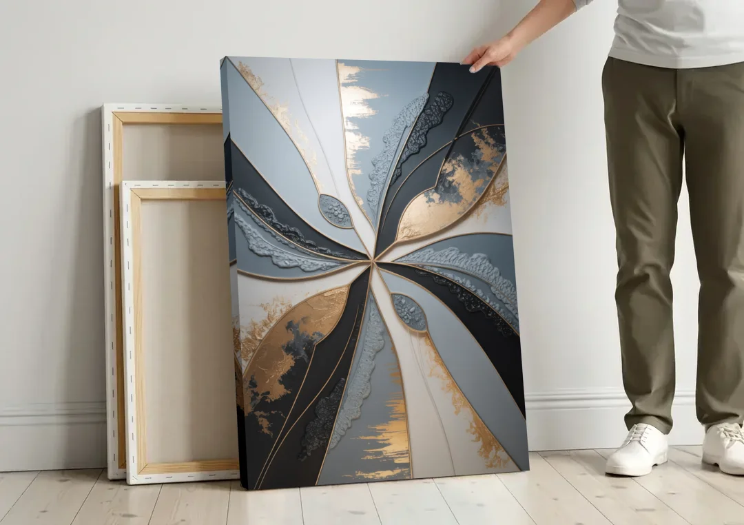 Elegant Geometric Harmony Grey Abstract canvas wall art leaning against a wall next to blank canvases