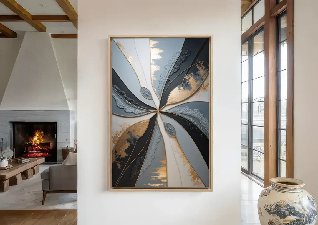 Elegant Geometric Harmony Grey Abstract canvas wall art in a living room with a fireplace