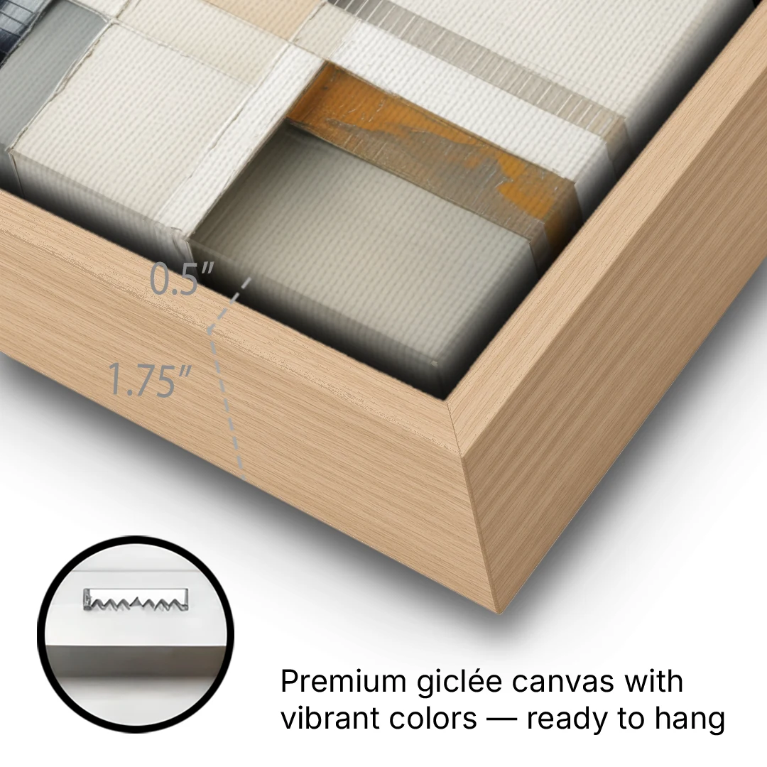 Elegant Geometric Intersections White Abstract - Oak Framed Canvas Wall Art - Gallery Wrap Corner