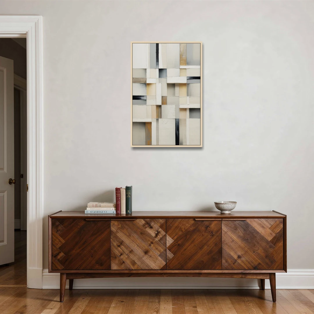 Elegant Geometric Intersections White Abstract - Oak Framed Canvas Wall Art - Coffee Table - 24x36