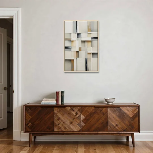 Elegant Geometric Intersections White Abstract - Oak Framed Canvas Wall Art - Coffee Table - 24x36