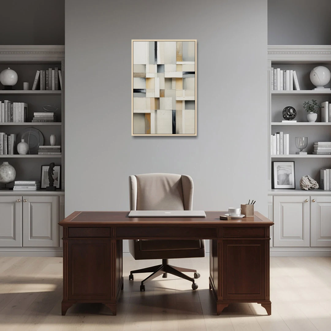Elegant Geometric Intersections White Abstract - Oak Framed Canvas Wall Art - Office - 24x36