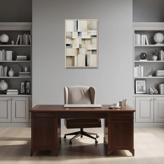 Elegant Geometric Intersections White Abstract - Oak Framed Canvas Wall Art - Office - 24x36