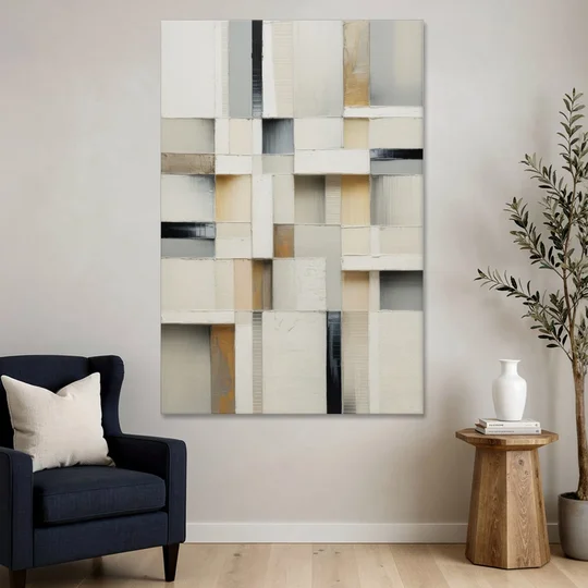 Elegant Geometric Intersections White Abstract - Canvas Wall Art - Sofa - 40x60