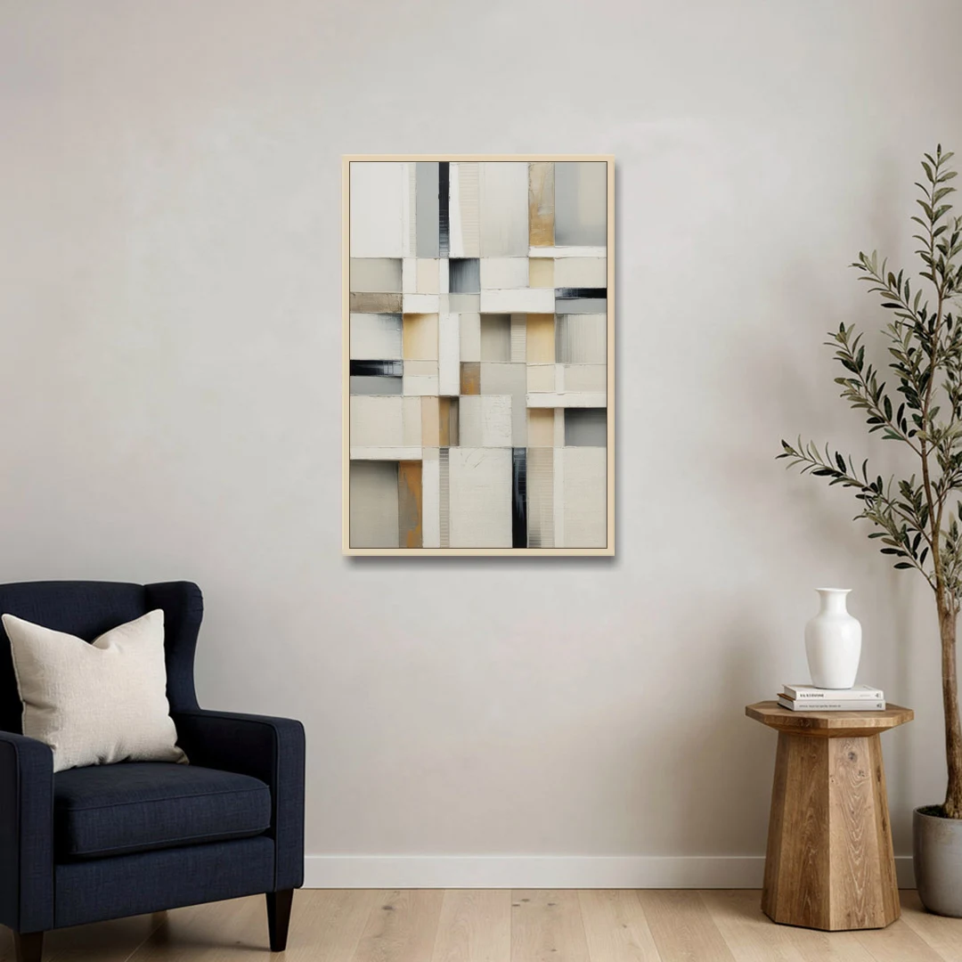 Elegant Geometric Intersections White Abstract - Oak Framed Canvas Wall Art - Sofa - 24x36