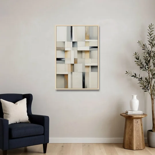 Elegant Geometric Intersections White Abstract - Oak Framed Canvas Wall Art - Sofa - 24x36