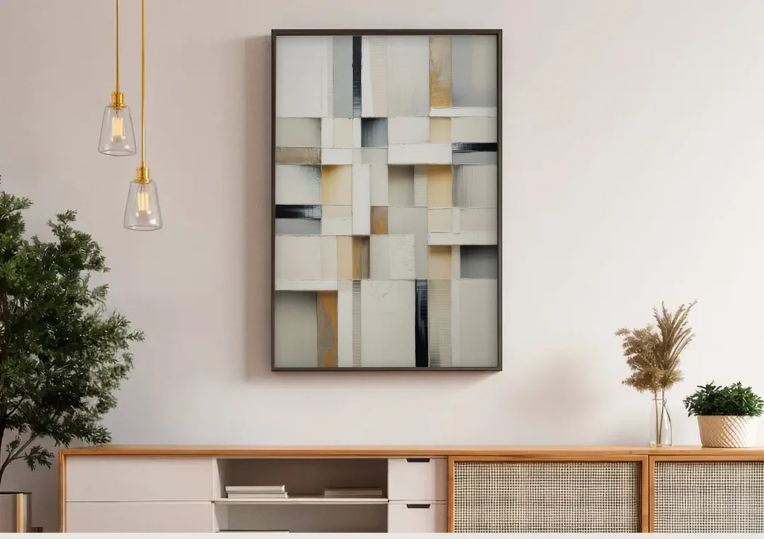 Elegant Geometric Intersections White Abstract canvas wall art above a wooden sideboard under pendant lights