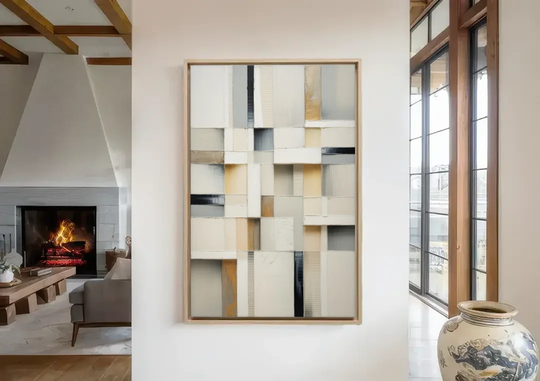 Elegant Geometric Intersections White Abstract canvas wall art in a living room with a fireplace