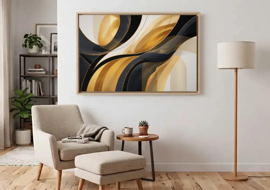 Elegant Geometry Black and Gold Abstract canvas wall art above an armchair in a bright living room
